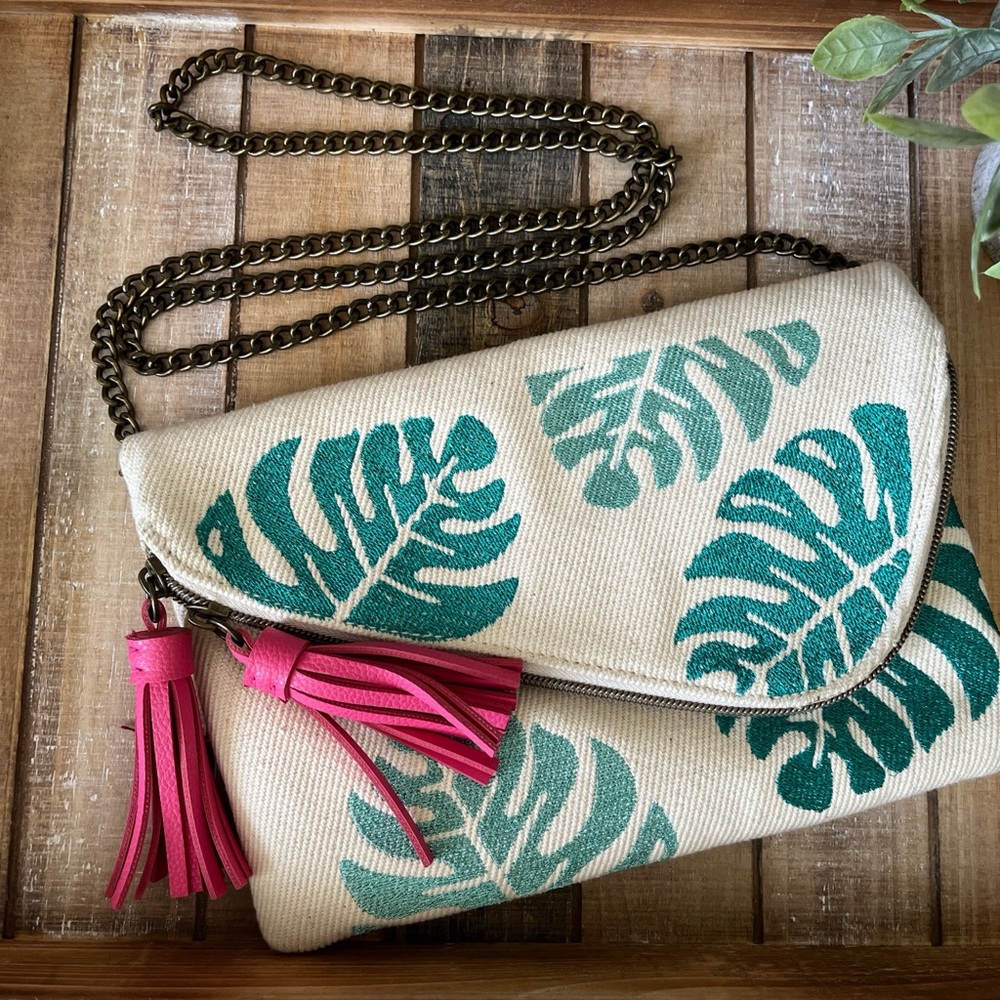 Francesca Couture Boho Canvas Monstera Crossbody Clutch, Brass Chain Strap